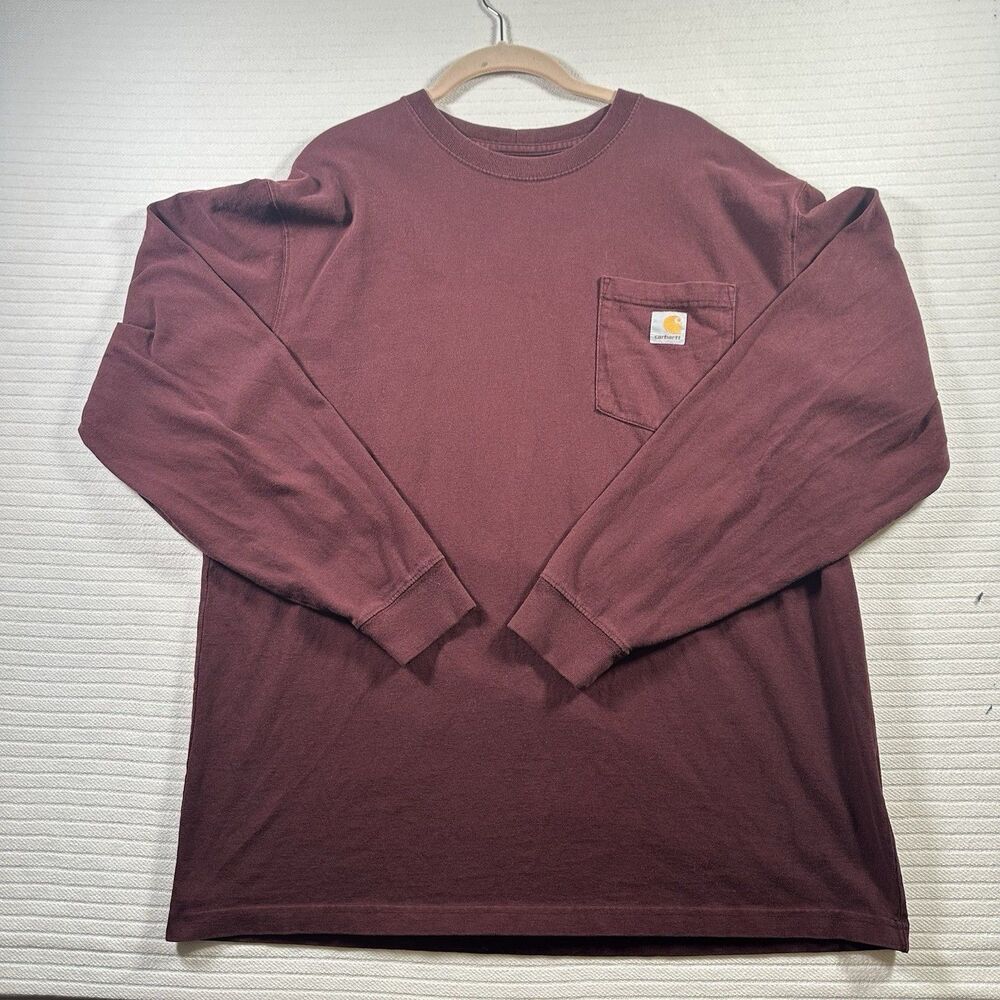 Carhartt Shirt Mens Size L Burgundy Original Fit Long Sleeve Pocket Cotton Tee